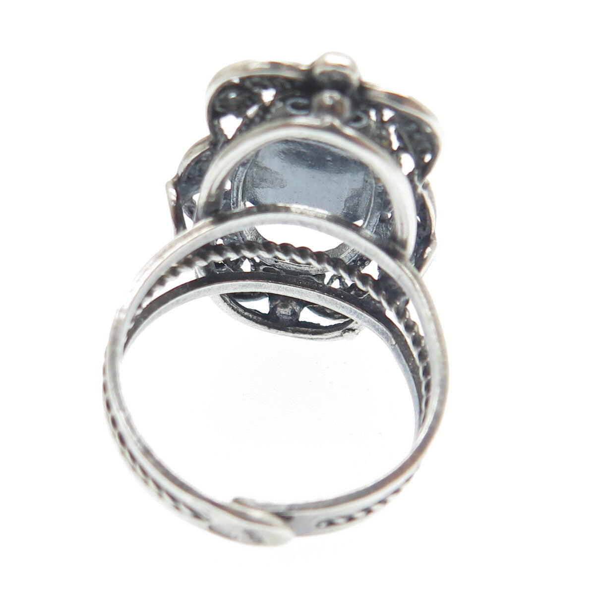 925 Sterling Silver Vintage Israel Tiger Eye Filigree Adjustable Ring Size 6.25