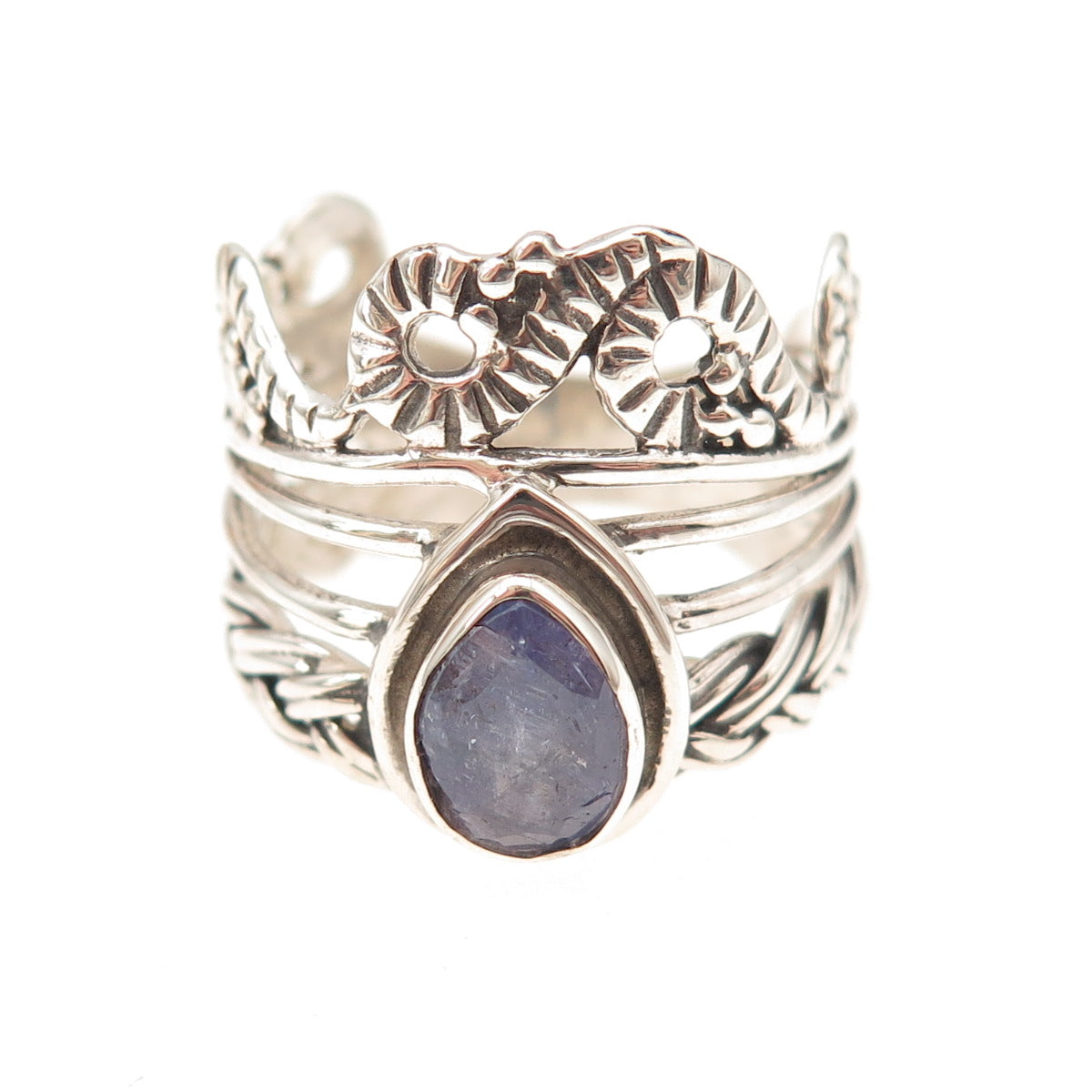 925 Sterling Silver Vintage Real Tanzanite Swirl Oxidized Ring Size 8.5