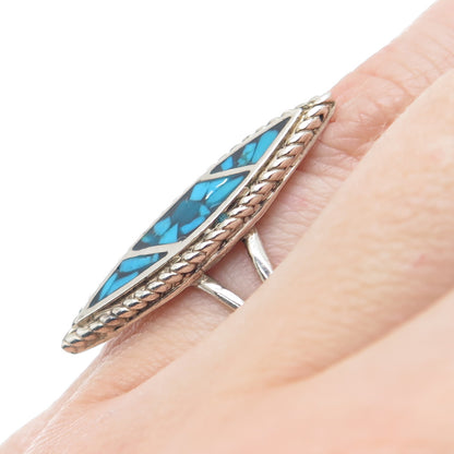 925 Sterling Silver Vintage Southwestern Turquoise Inlay Oxidized Ring Size 6