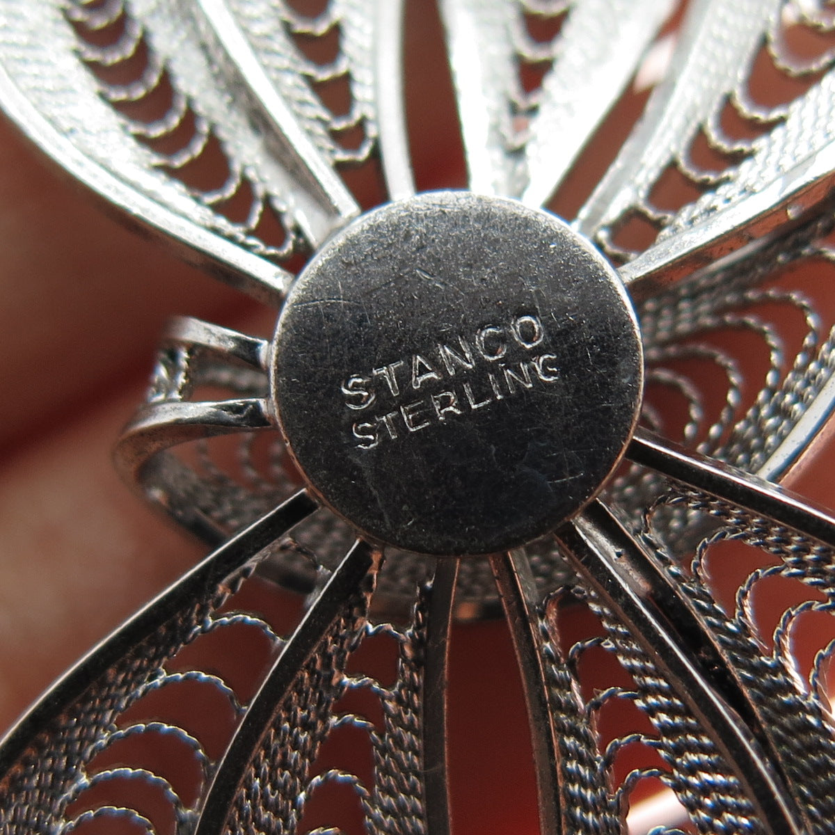 STANCO 925 Sterling Silver Vintage Floral Filigree Pin Brooch