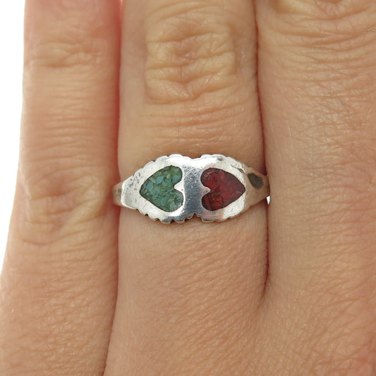 Old Pawn Sterling Silver Southwestern Turquoise & Coral Inlay Heart Ring Size 6