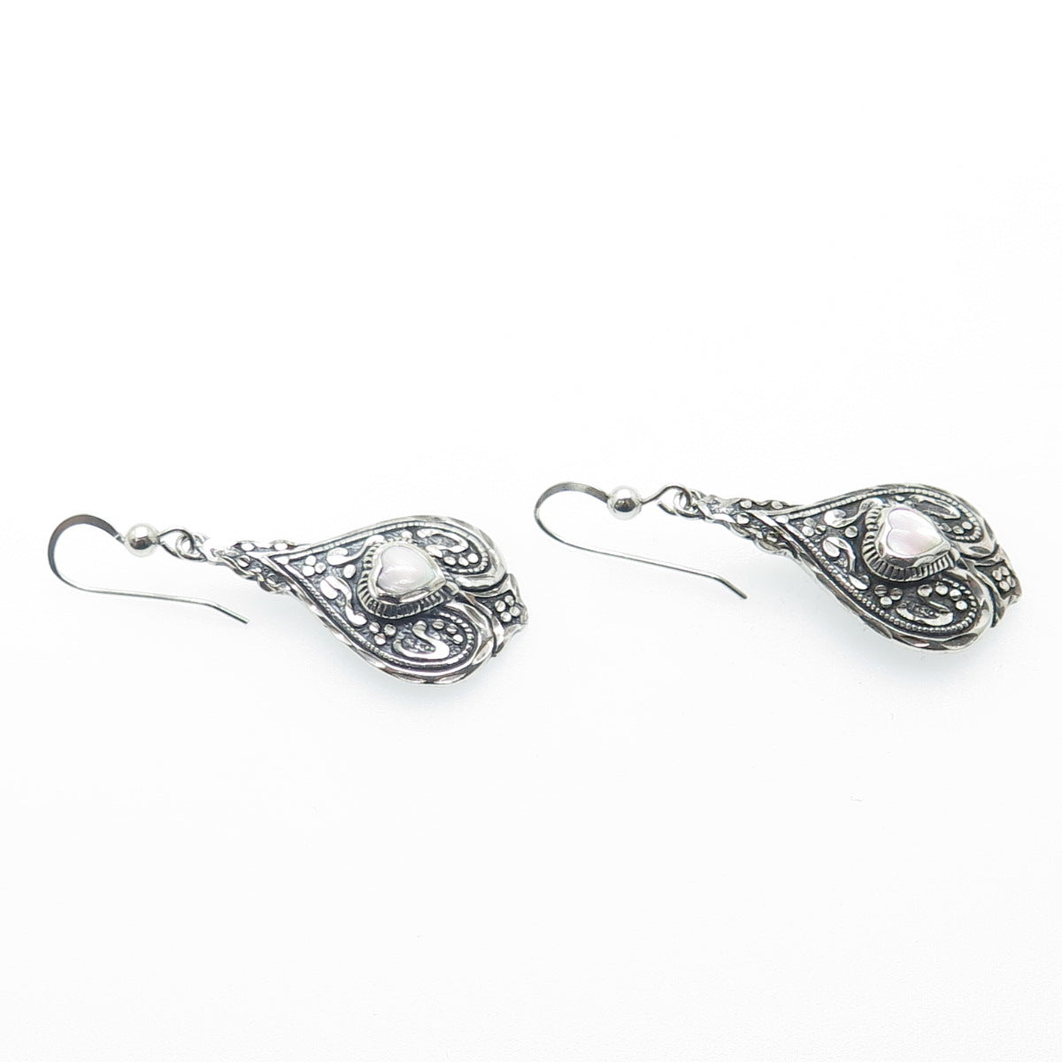 SILVER CLOUD 925 Sterling Silver Vintage Real MOP Heart Floral Oxidized Earrings