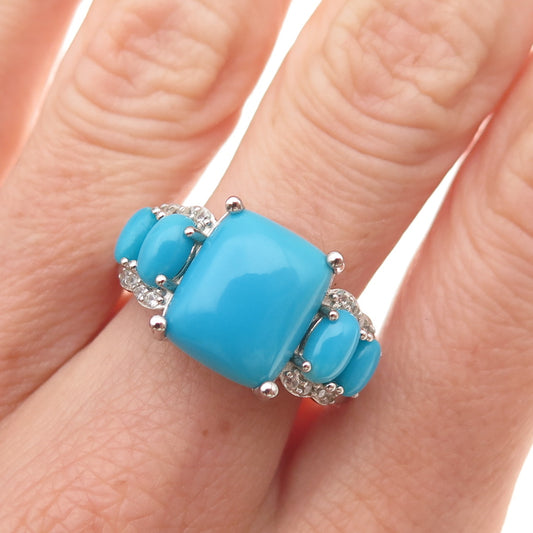 925 Sterling Silver Real Sleeping Beauty Turquoise & White Topaz Ring Size 8