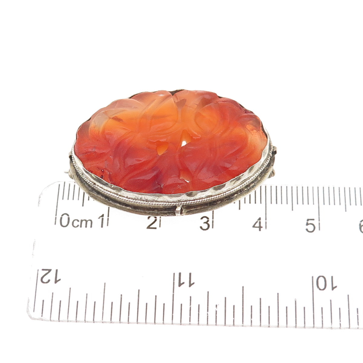 925 Sterling Silver Antique Art Deco Real Red Jade Carved Floral Oxidized Brooch