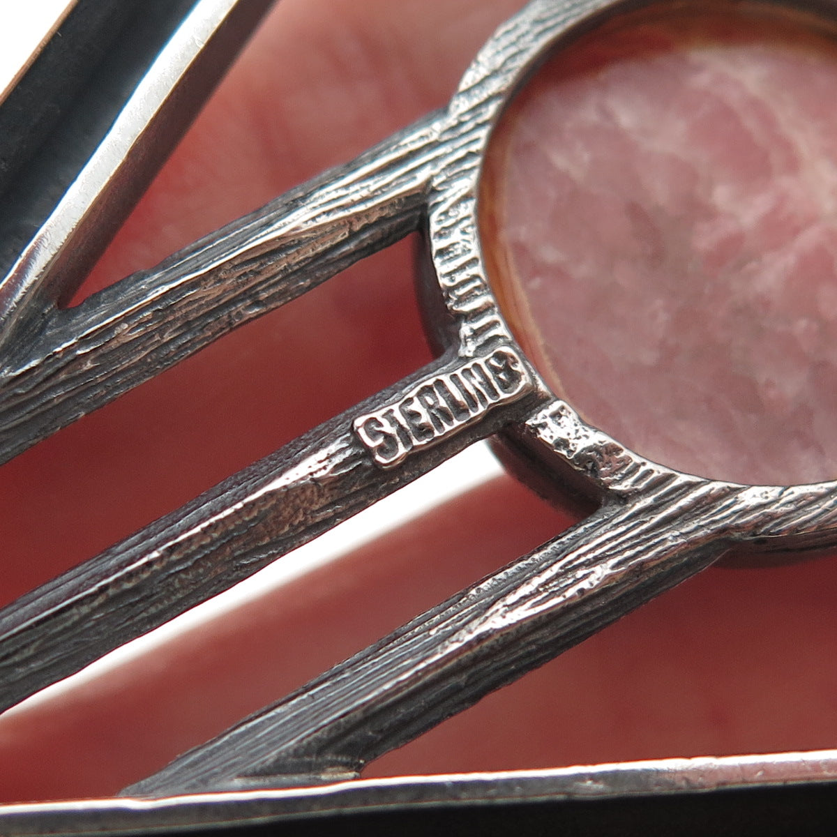 925 Sterling Silver Vintage Real Rhodochrosite Modernist Pin Brooch / Pendant