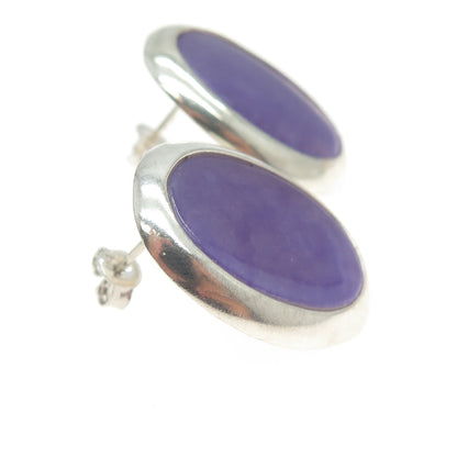 925 Sterling Silver Vintage Real Lavender Jade Gemstone Oval Earrings