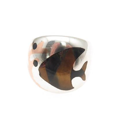 Pancho Sterling Silver Vintage Mexico Tiger Eye Onyx & Sunstone Fish Ring Size 8