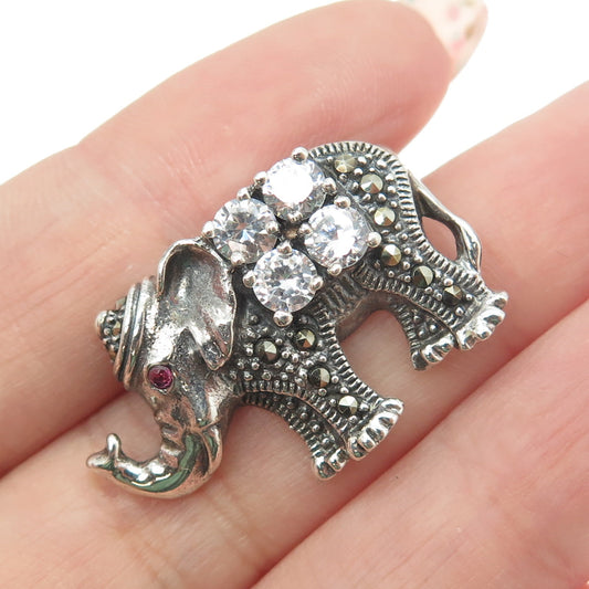 925 Sterling Silver Vintage Lab-Created Ruby Marcasite & C Z Elephant Pin Brooch