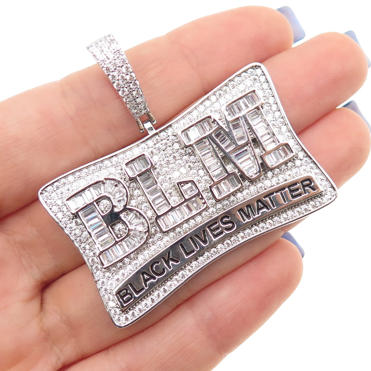 925 Sterling Silver Round & Emerald-Cut C Z Black Lives Matter Pendant