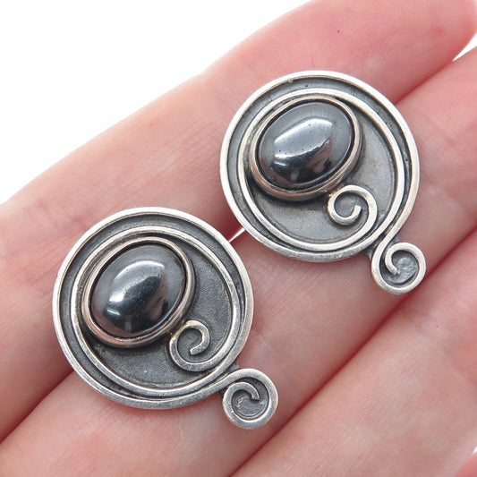 925 Sterling Silver Vintage Real Hematite Gem Swirl Modernist Oxidized Earrings