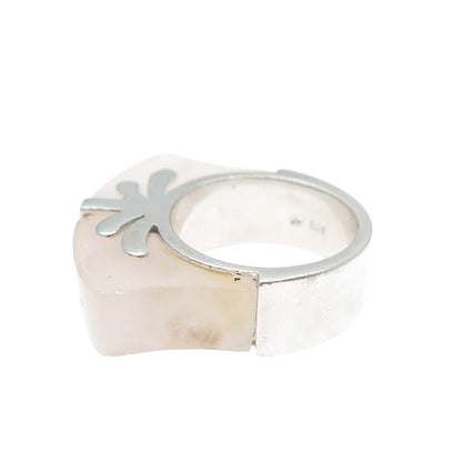 925 Sterling Silver Vintage Real Rose Quartz Modernist Ring Size 6.25