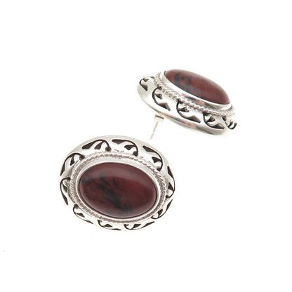 925 Sterling Silver Vintage CII Mexico Real Red Jasper Modernist Floral Earrings