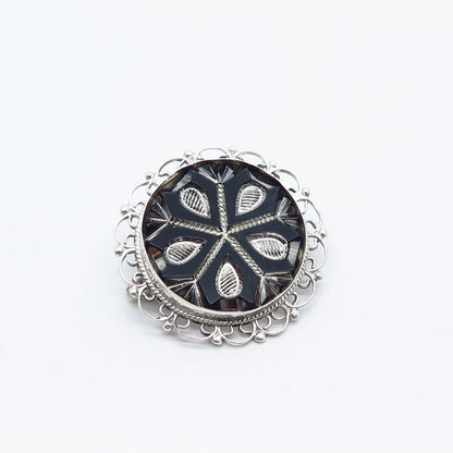 925 Sterling Silver Vintage Mexico Black Onyx Gemstone Ornate Brooch / Pendant