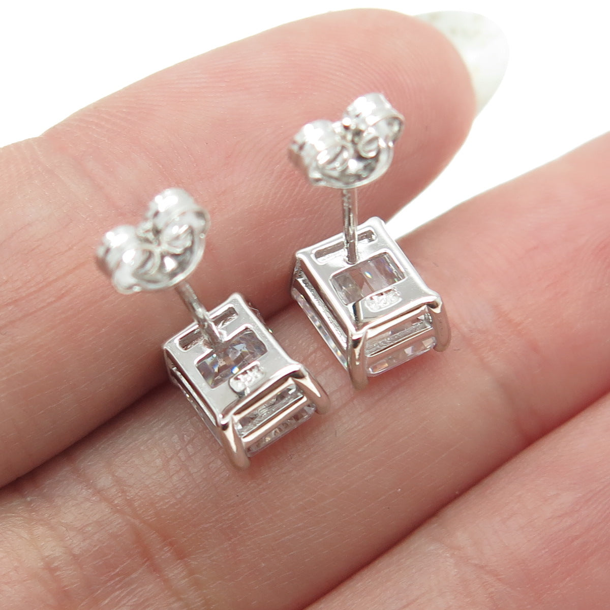 925 Sterling Silver Emerald-Cut C Z Stud Earrings