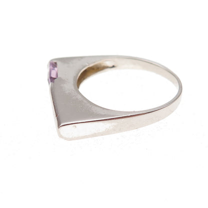 925 Sterling Silver Vintage Real Emerald-Cut Amethyst Modernist Ring Size 6.75