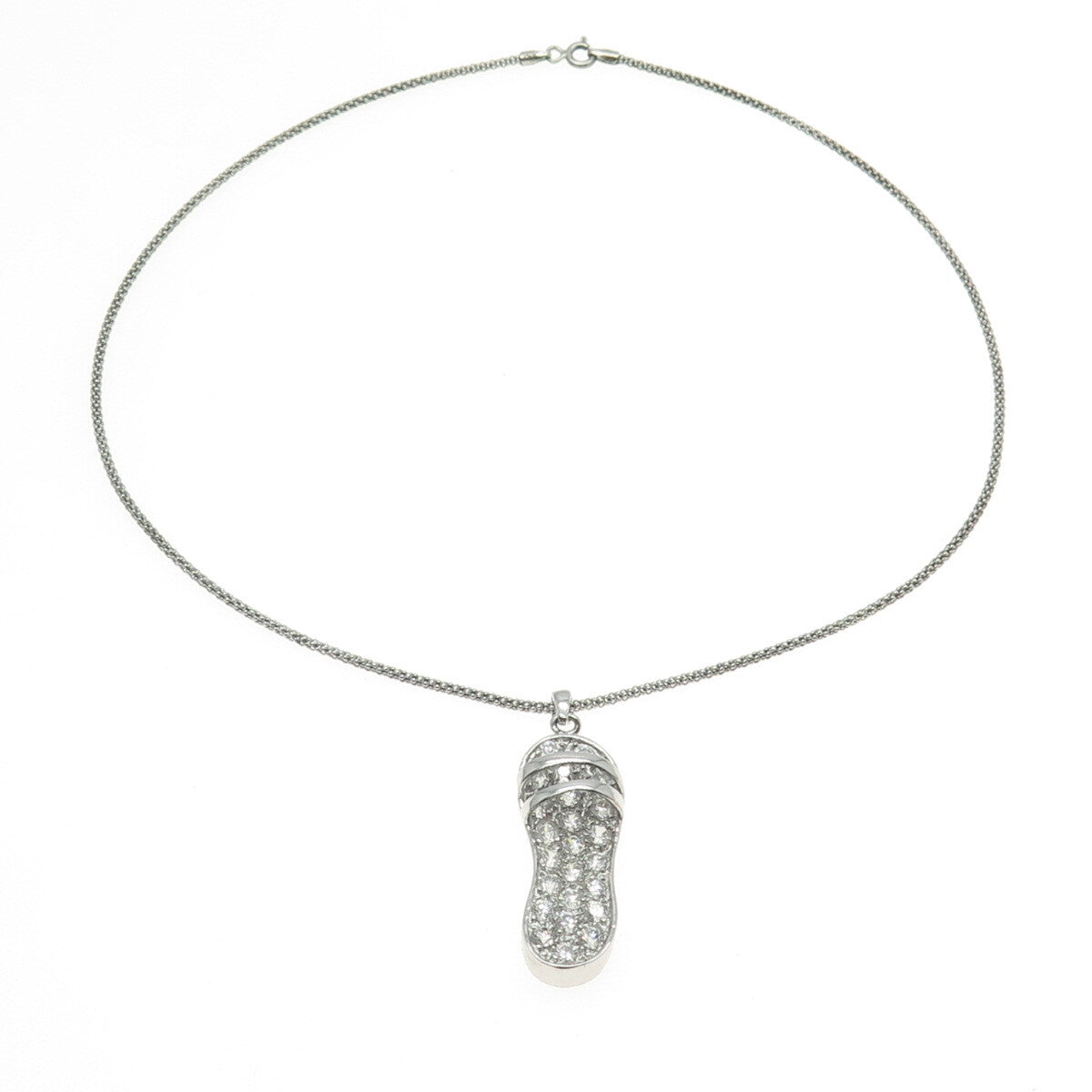 925 Sterling Silver Italy Round-Cut C Z Sandal Shoe Popcorn Chain Necklace 16"