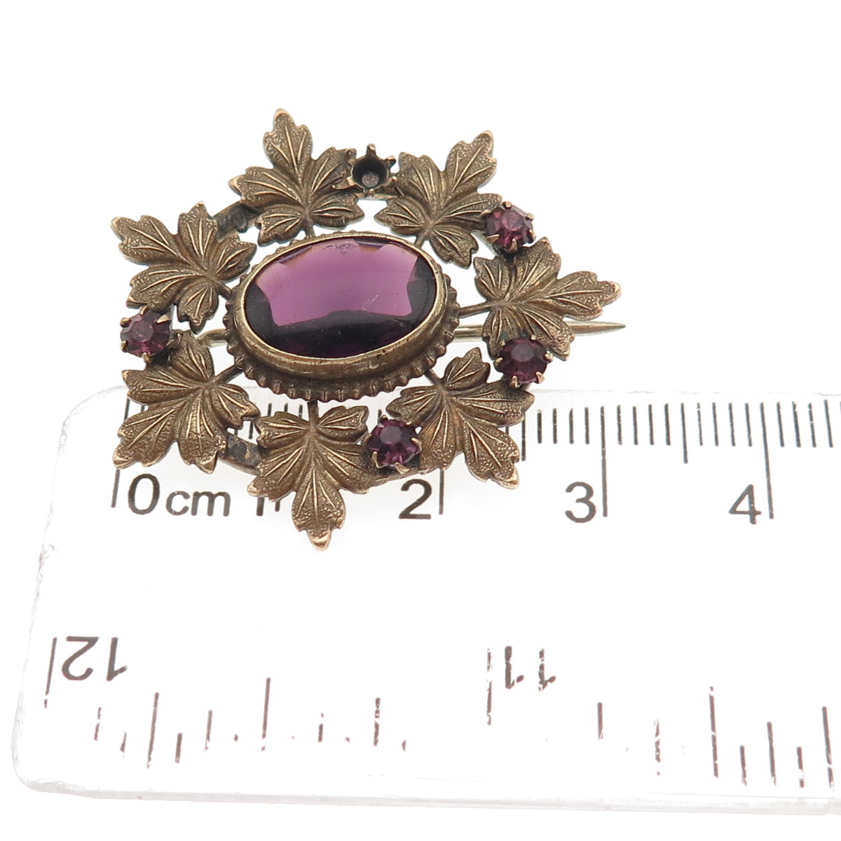 Gold Filled Antique Real Amethyst & Rhinestone Pin Brooch (missing 1 rhinestone)