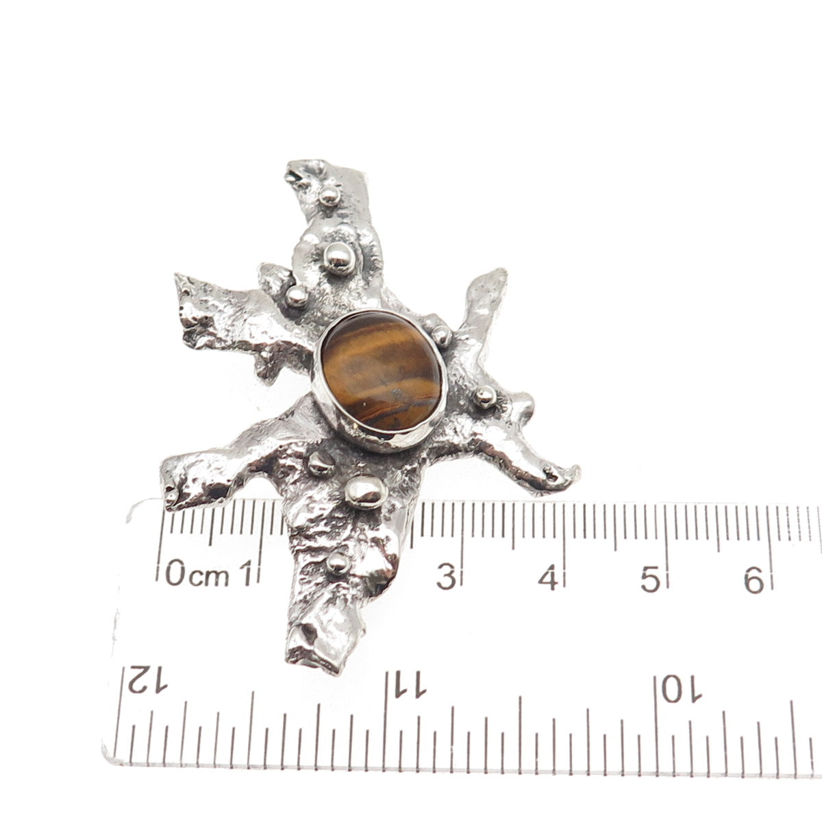 925 Sterling Silver Vintage Real Tiger Eye Modernist Oxidized Pin Brooch