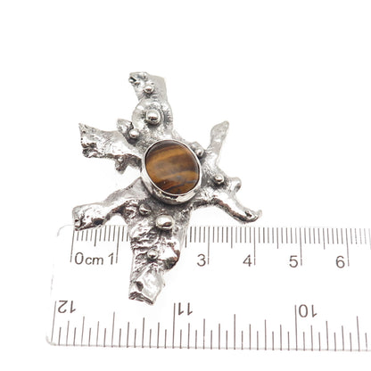 925 Sterling Silver Vintage Real Tiger Eye Modernist Oxidized Pin Brooch