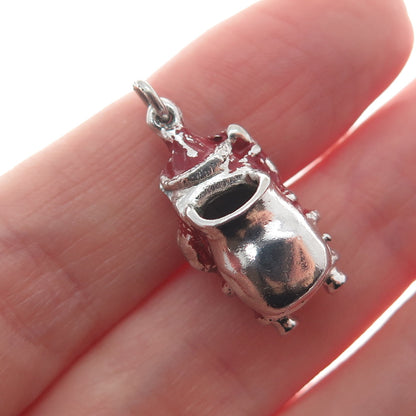 WELLS 925 Sterling Silver Vintage Enamel Santa Claus Minimalist 3D Charm Pendant