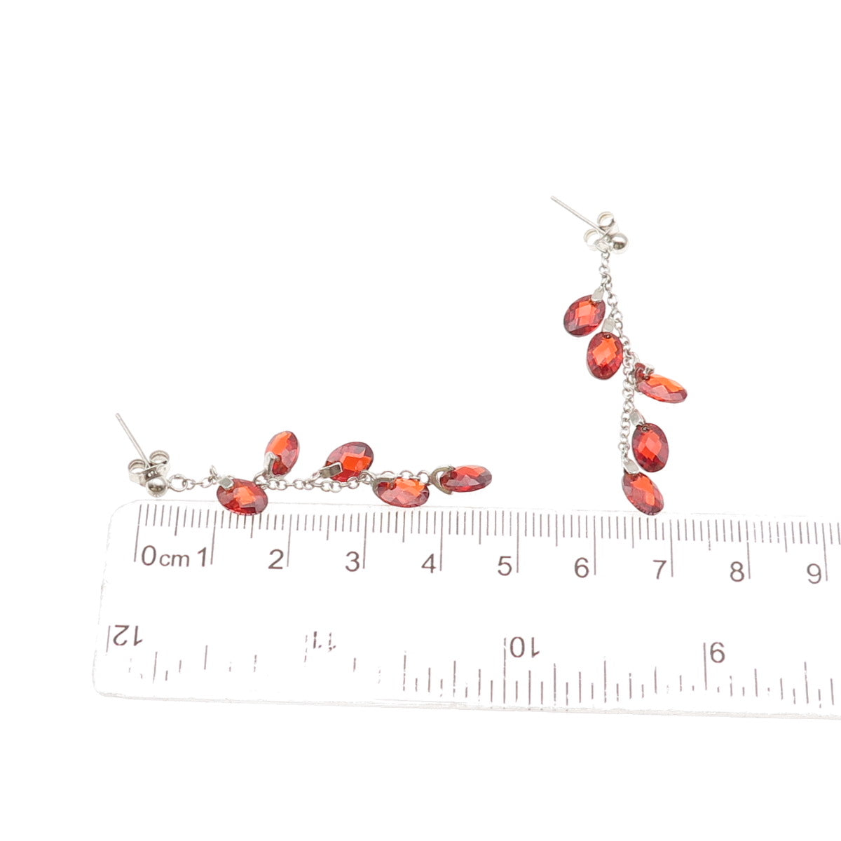 925 Sterling Silver Oval-Cut Red C Z Beads Dangle Chain Earrings
