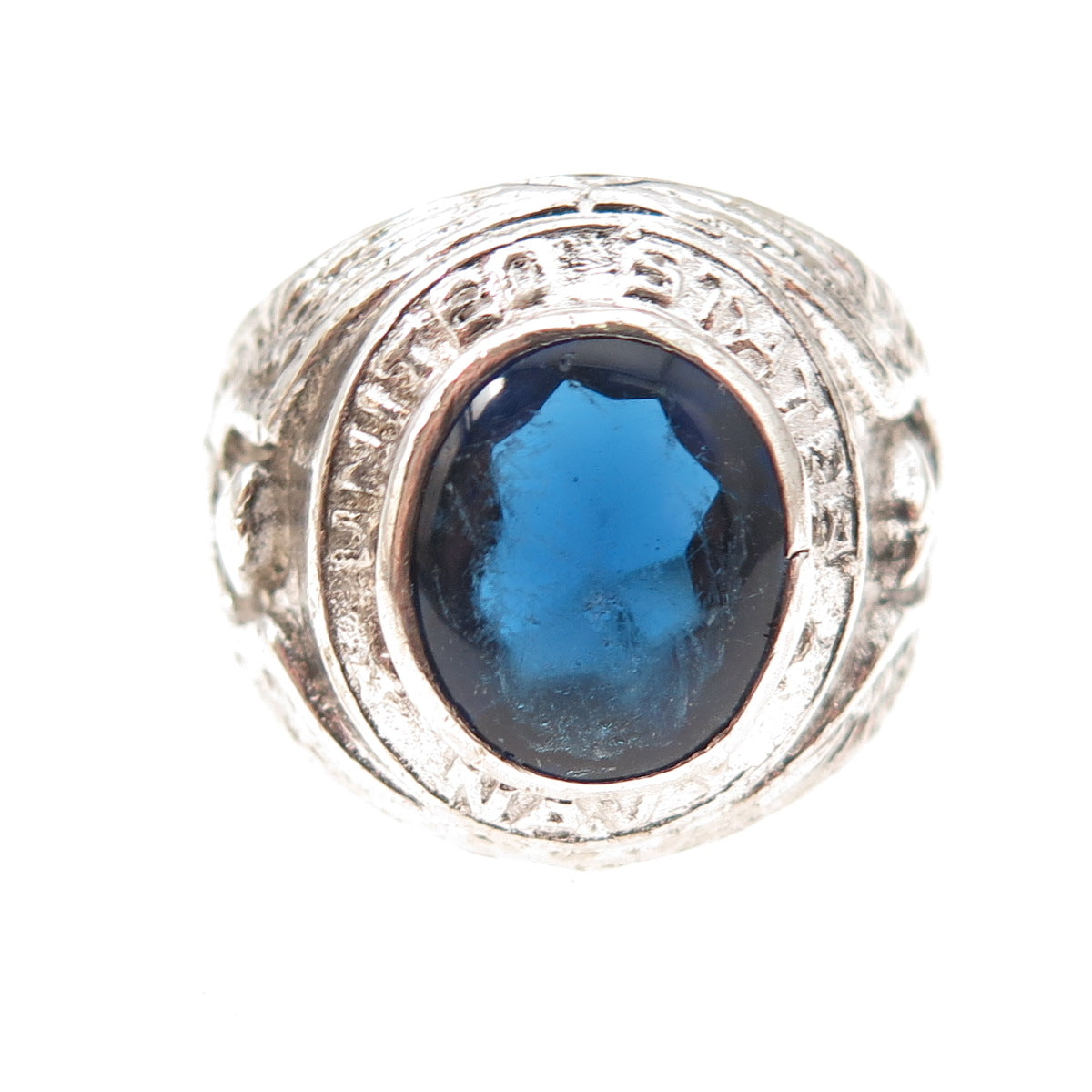 925 Sterling Silver Antique WWII Blue Glass US Navy Ring Size 8.75
