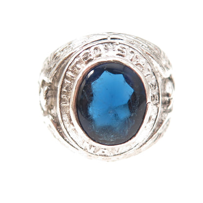 925 Sterling Silver Antique WWII Blue Glass US Navy Ring Size 8.75