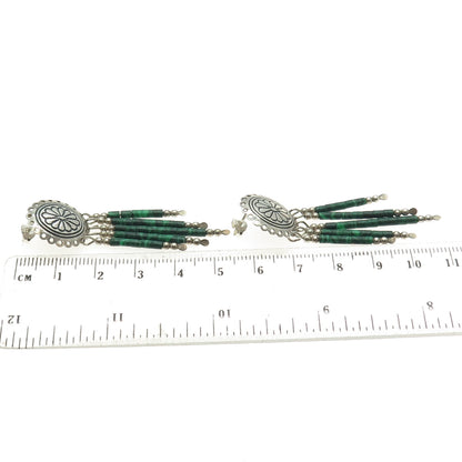 925 Sterling Silver Vintage Real Malachite Gemstone Tribal Dangling Earrings