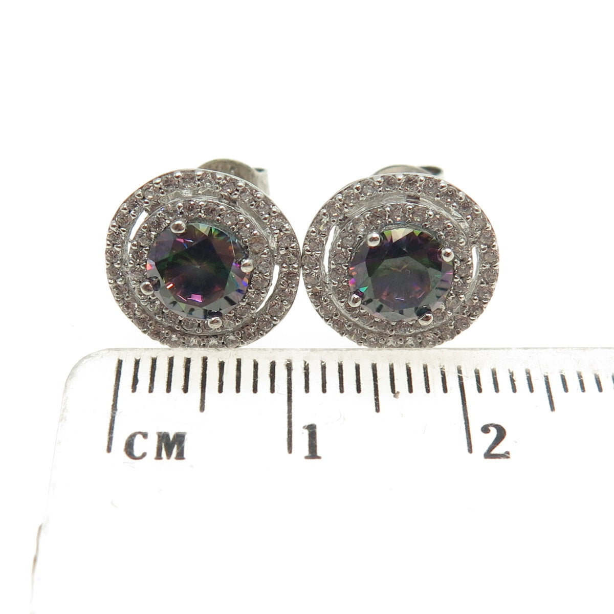 RIIF 925 Sterling Silver Real Round-Cut Mystic Topaz & C Z Stud Earrings