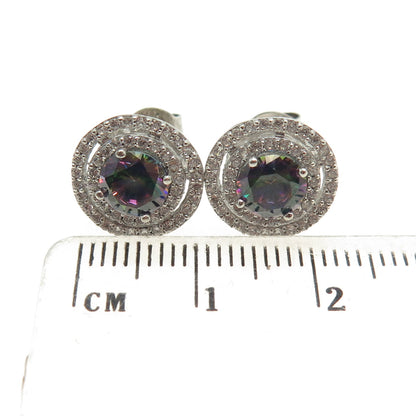RIIF 925 Sterling Silver Real Round-Cut Mystic Topaz & C Z Stud Earrings