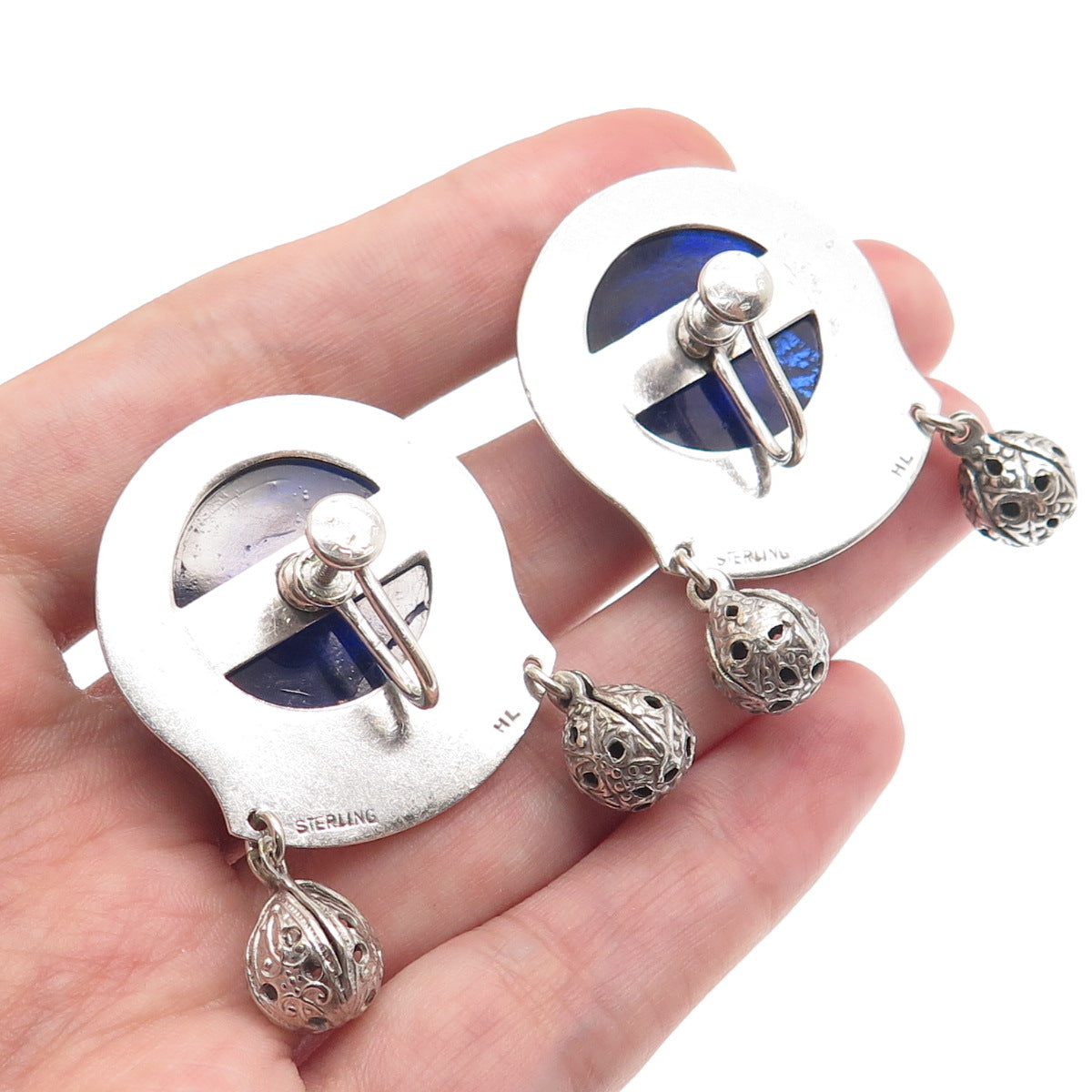HELEN LONG Old Pawn 925 Sterling Silver Vintage Blue Glass Screw Back Earrings