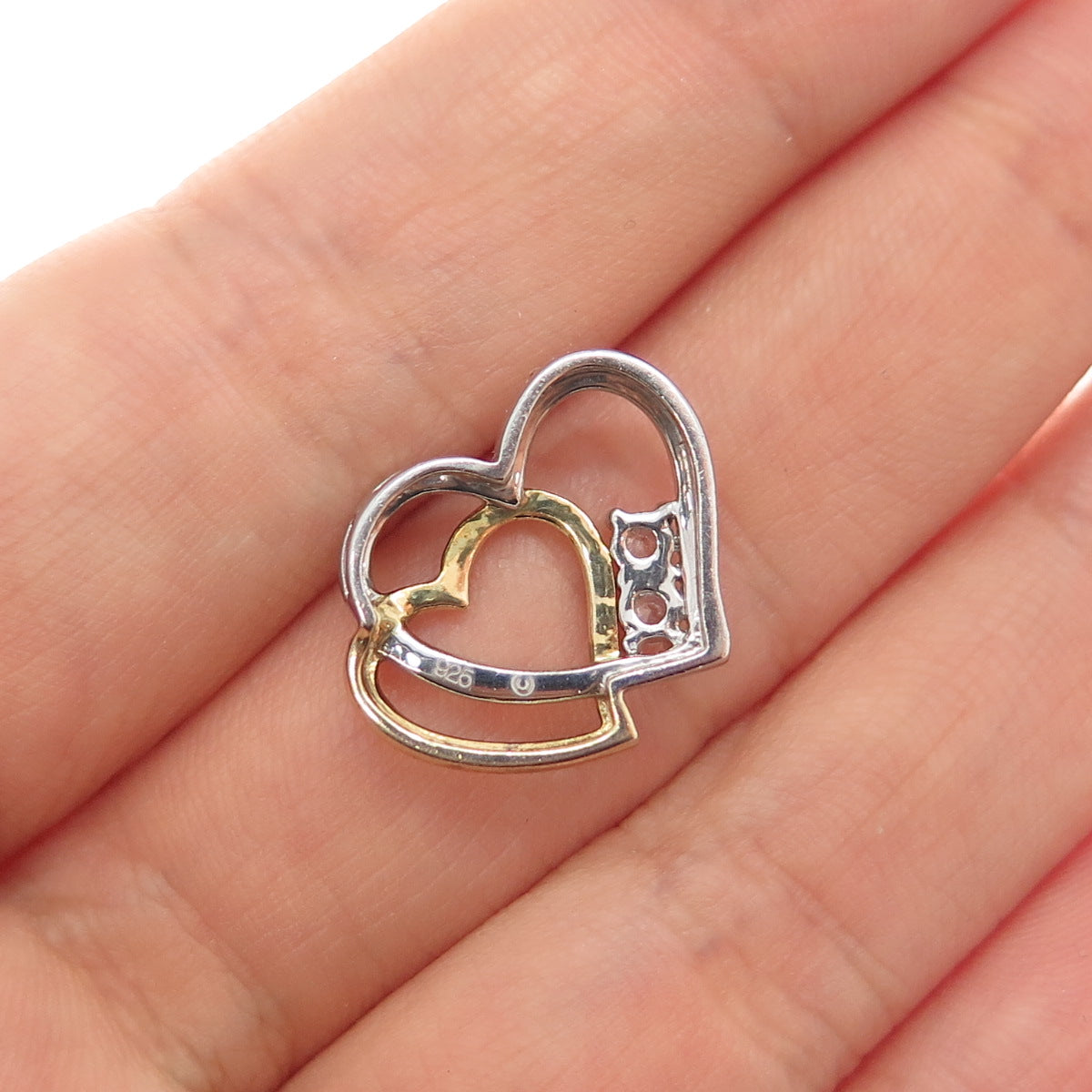 925 Sterling Silver 2-Tone Round-Cut C Z Double Heart Minimalist Slide Pendant