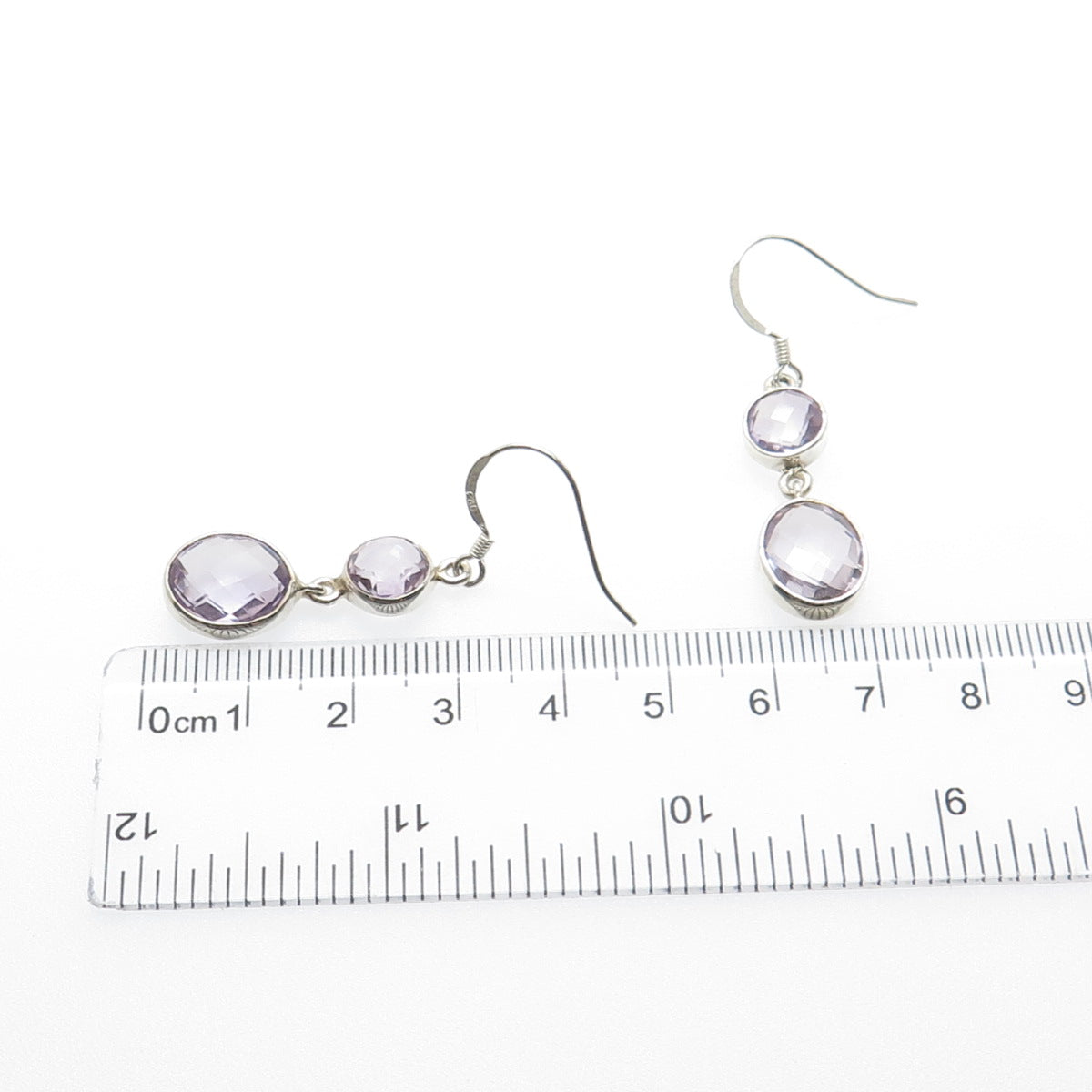 925 Sterling Silver Vintage Real Round & Oval-Cut Amethyst Dangle Earrings