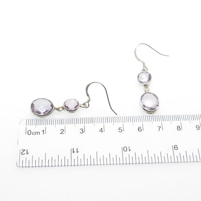 925 Sterling Silver Vintage Real Round & Oval-Cut Amethyst Dangle Earrings
