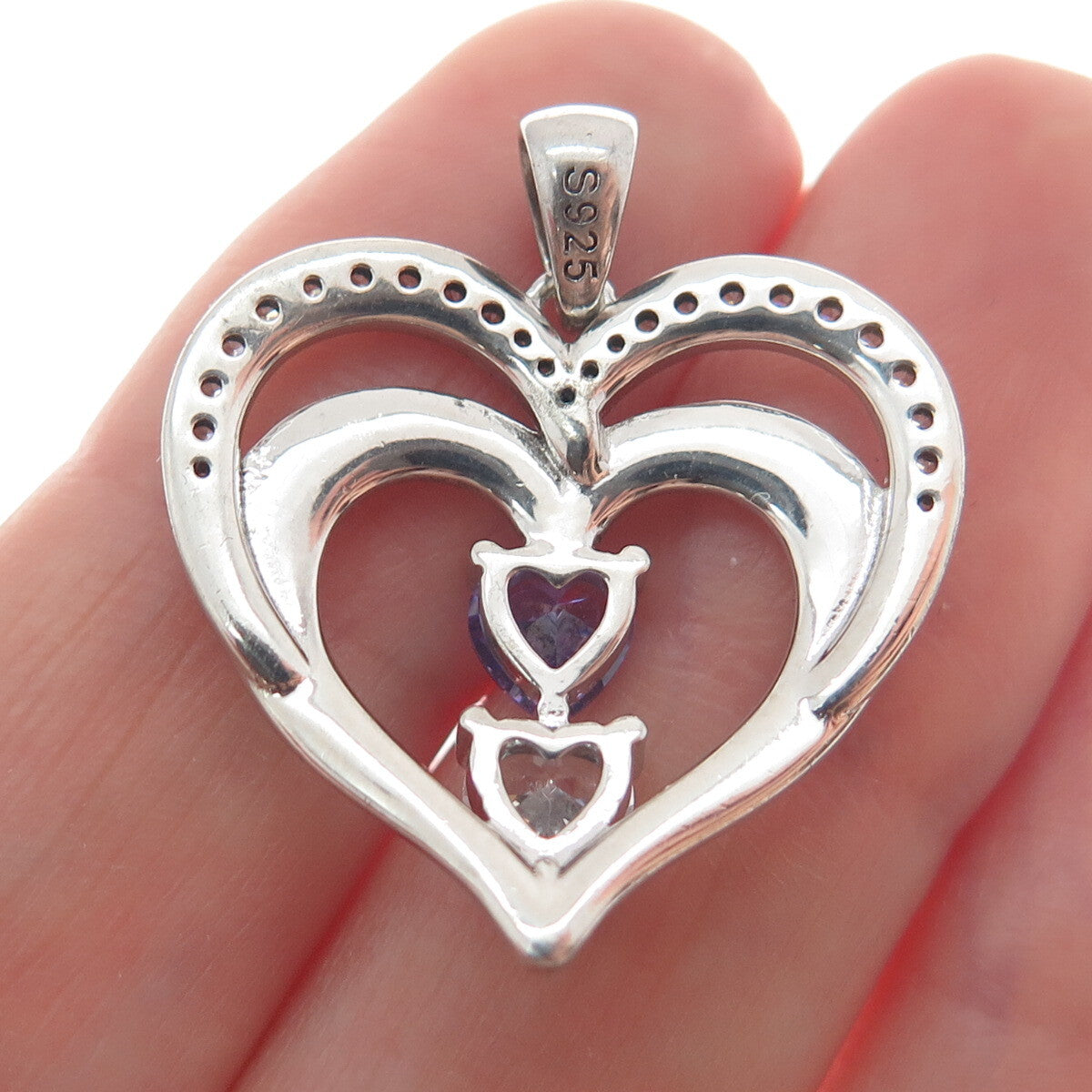 925 Sterling Silver Blue & White C Z "I Love You Forever" Heart Charm Pendant
