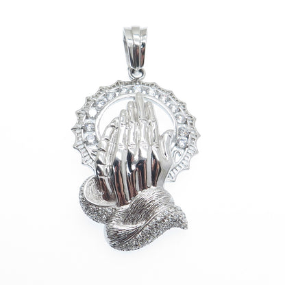925 Sterling Silver Round-Cut C Z Praying Hands Pendant