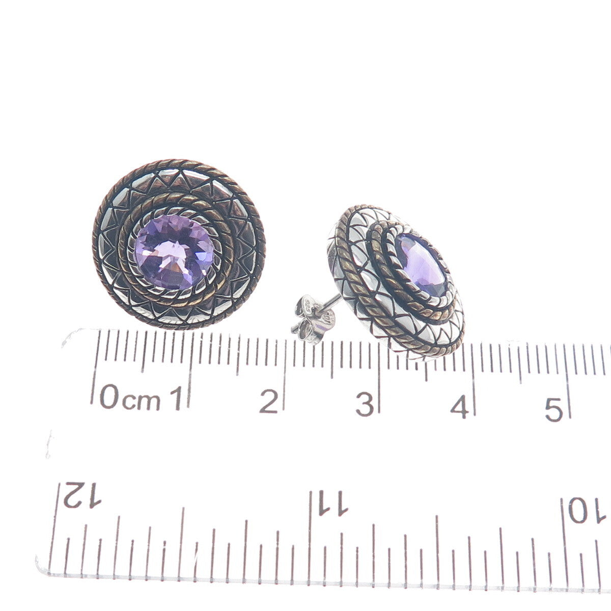 FADI Sterling Silver 2-Tone Vintage Real Amethyst Modernist Oxidized Earrings