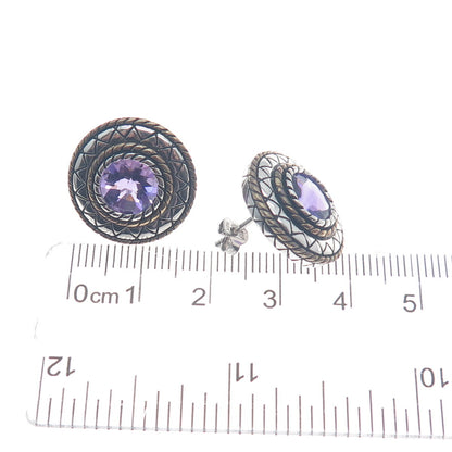 FADI Sterling Silver 2-Tone Vintage Real Amethyst Modernist Oxidized Earrings