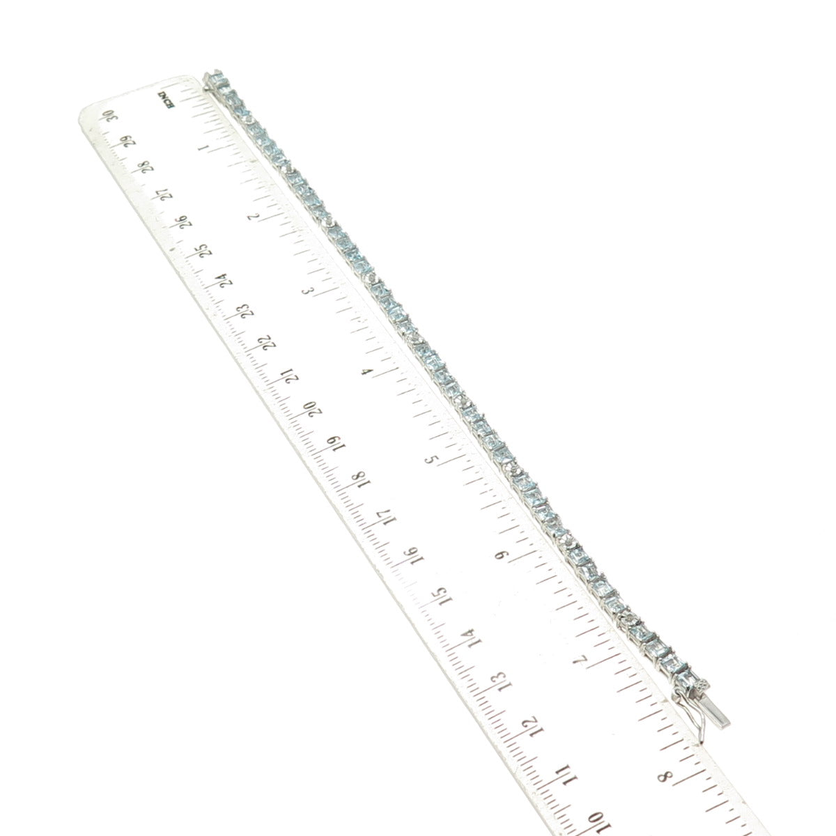 925 Sterling Silver Real Diamond & Princess-Cut Blue Topaz Bracelet 7.25"