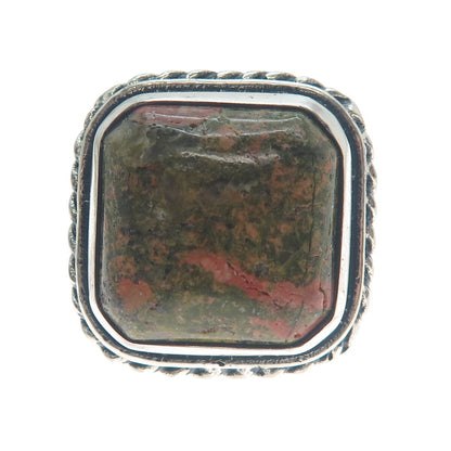 925 Sterling Silver Vintage Real Cushion-Cut Unakite Twisted Bezel Ring Size 8