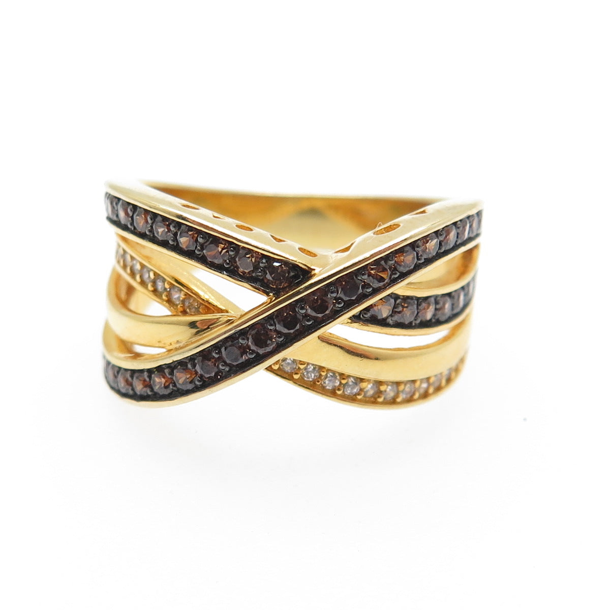 925 Sterling Silver Gold Plated Real Smoky Quartz C Z Crisscross Ring Size 7.25