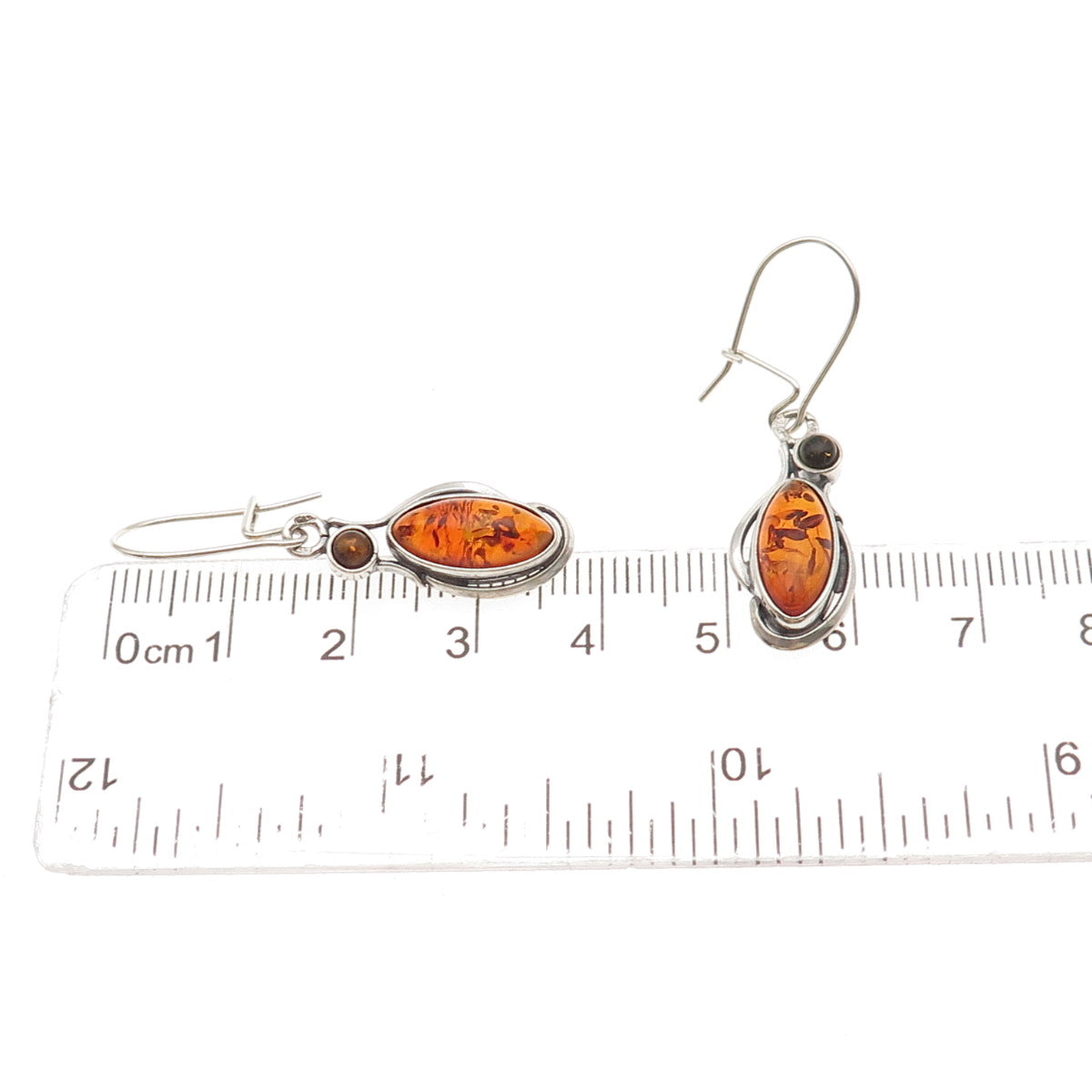 925 Sterling Silver Vintage Real Amber Modernist Dangle Earrings