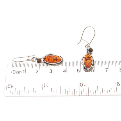 925 Sterling Silver Vintage Real Amber Modernist Dangle Earrings