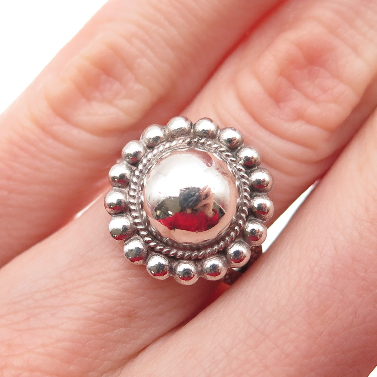 Old Pawn 925 Sterling Silver Vintage Southwestern Sun Beaded Tribal Ring Size 4