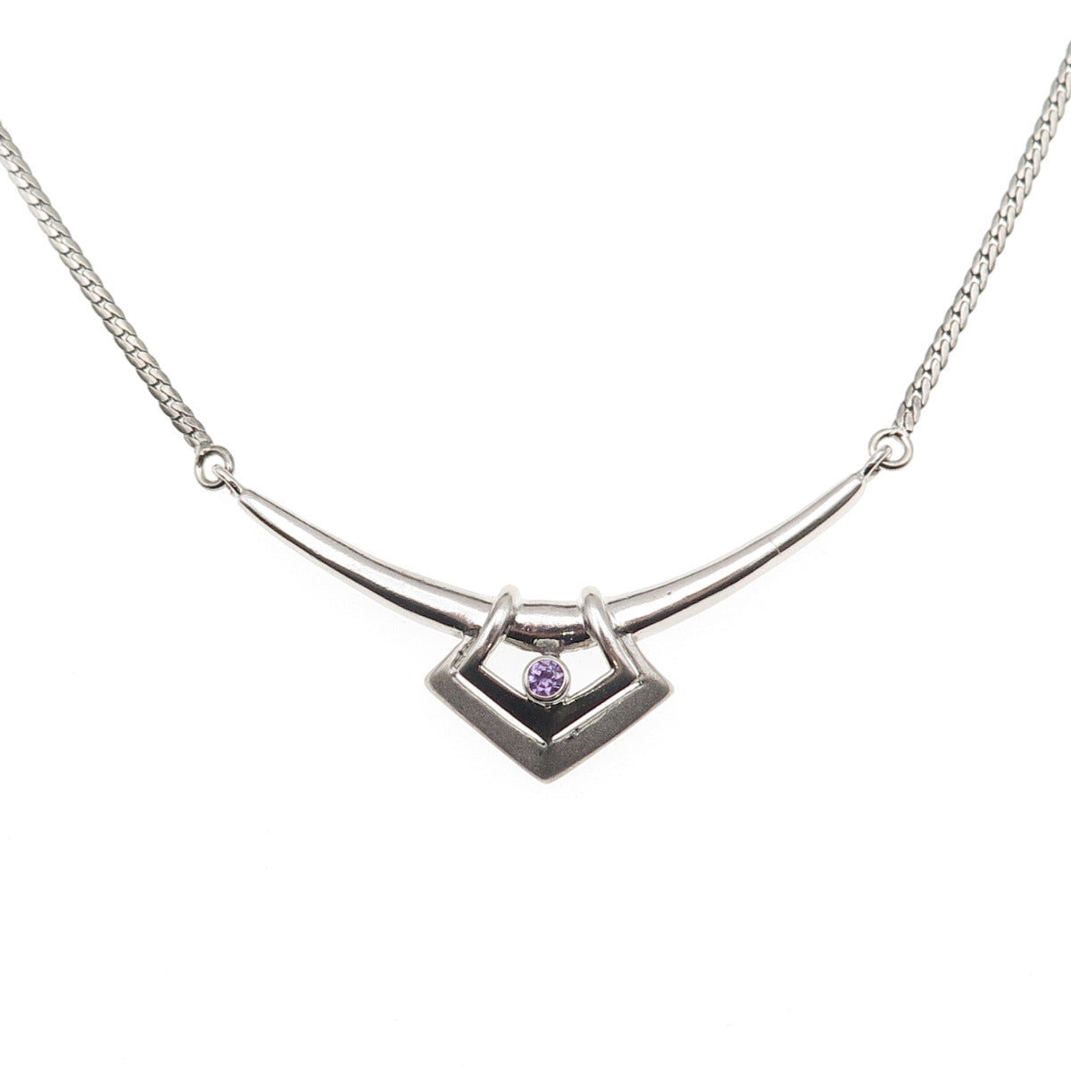 925 Sterling Silver Vintage Purple C Z Modernist Cuban Chain Necklace 16"