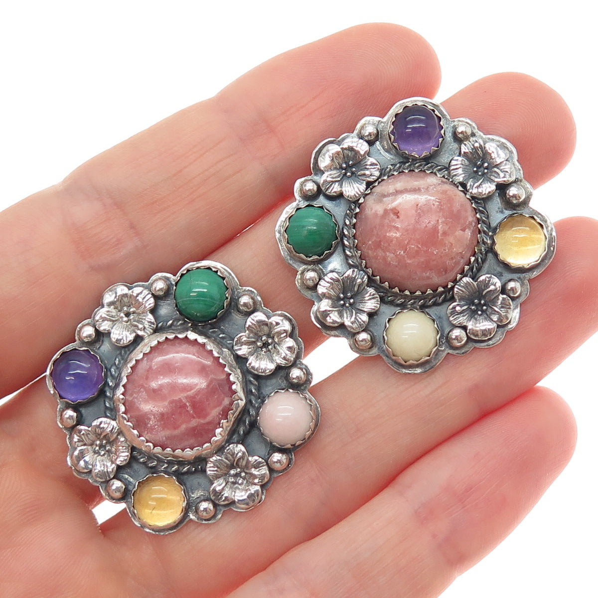 SILVER CLOUD Old Pawn 925 Sterling Vintage Multi-Gem Flower Clip On Earrings