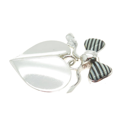 925 Sterling Silver Vintage Real White & Black Onyx Gem Bow Dangle Heart Brooch