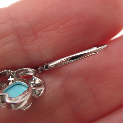 925 Sterling Silver Real Sleeping Beauty Turquoise Floral Dangle Earrings
