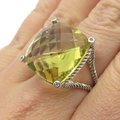 925 Sterling Silver Large Lime Citrine & White Topaz Gem Twisted Ring Size 6.75