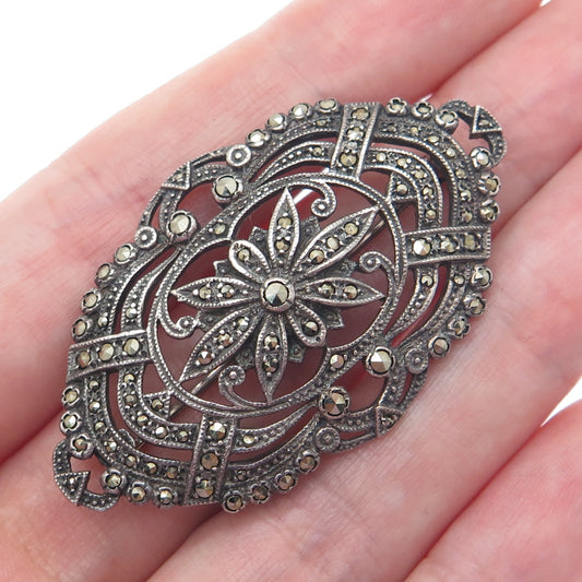 925 Sterling Silver Vintage Real Marcasite Flower Oxidized Pin Brooch